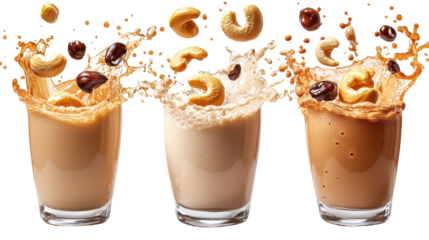 glasses of almond milk with Nut falling into it a splash isolated on a white transparent background