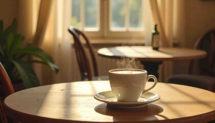 Soft Focus Sunlight Coffee Cup with Steam on Wooden Tabletop