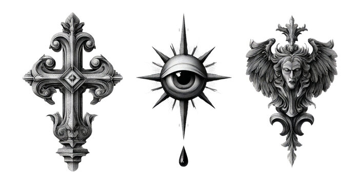 Intricate Illustrations of Decorative Elements Featuring Cross, Eye, and Angel Designs