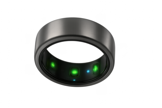 Smart ring showing green lights on transparent background