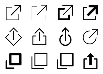 外部リンク、共有、矢印、アップロードのアイコンセット