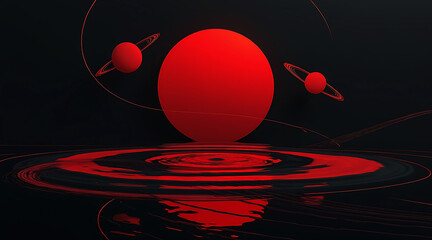 Abstract red planet with rings and moons in deep space reflecting on a dark surface