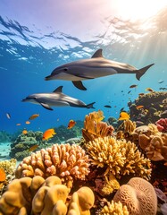 Underwater coral reef with dolphins