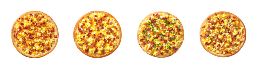 Four delicious breakfast pizza variations, savory scrambled egg and bacon toppings, isolated on black, PNG set, transparent background