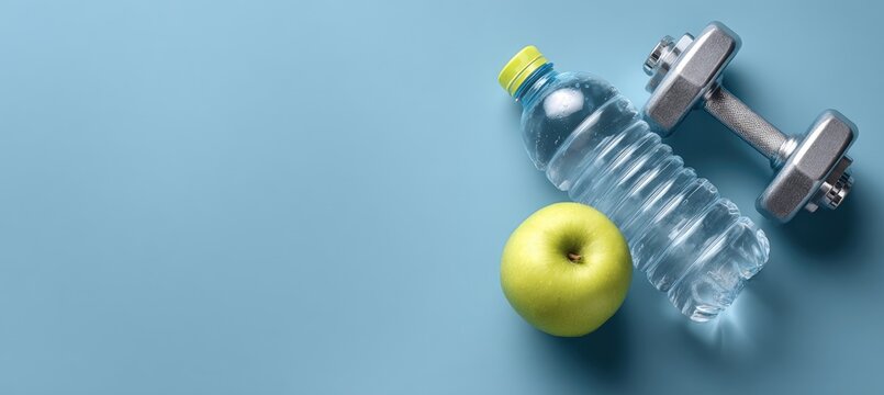 A light-blue surface displays a green apple, a water bottle, and a dumbbell