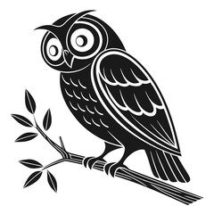 Stylized black and white graphic illustration of an owl perched on a branch with leaves representing wisdom and knowledge in a clean modern design