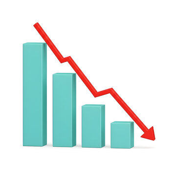 3d bar chart with a red arrow pointing downwards, isolated on white background