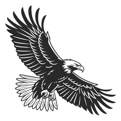 Majestic bald eagle in flight with wings spread wide depicted in a bold black and white graphic illustration style symbolizing freedom and power