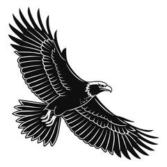 Powerful black eagle soaring with wings spread wide in a dynamic flight against a clean white background symbolizing freedom strength and majesty