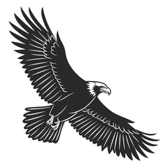 Majestic black silhouette of a powerful eagle soaring with wide outstretched wings and sharp talons against a clean white background symbolizing freedom and strength