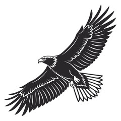 Majestic black eagle soaring with wings spread wide in a powerful flight against a clean white background symbolizing freedom and strength