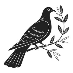 A stylized black silhouette of a dove perched on a branch with olive leaves symbolizing peace and tranquility in a minimalist graphic design