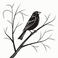 A stylized black silhouette of a small songbird perched on a bare tree branch against a clean white background evoking a minimalist and graphic artistic representation of nature and wildlife
