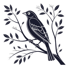 Stylized silhouette of a songbird perched on a branch with leaves and twigs against a white background elegant nature art illustration