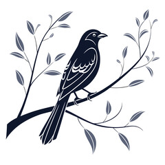 A stylized dark blue silhouette of a bird perched on a tree branch with delicate grey leaves and branches against a clean white background representing nature and simplicity