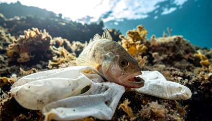 Underwater fish tangled in plastic