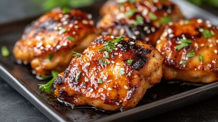 Grilled glazed chicken thighs garnished with sesame and herbs for gourmet dining