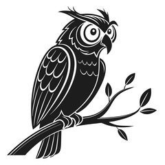 Stylized black silhouette of a wise owl perched on a tree branch with leaves featuring bold outlines and graphic design elements perfect for logos and illustrations