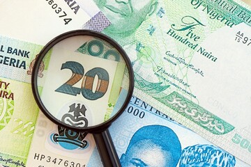 Nigerian naira currency money bills and magnifying glass. The concept of financial monitoring and...