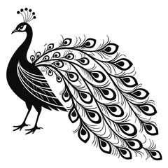 Elegant black silhouette of a majestic peacock displaying its ornate tail feathers in a stylized graphic design on a white background