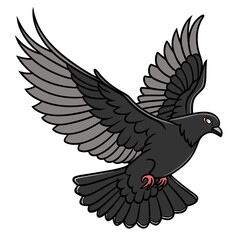 A striking cartoon illustration of a dark gray pigeon in mid flight with its wings spread wide and tail feathers fanned out against a clean white background