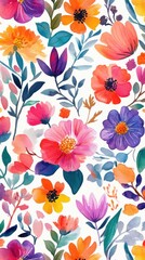 Vibrant watercolor floral pattern with colorful blossoms and leaves