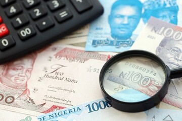 Nigerian naira currency money bills and calculator with magnifying glass. The concept of taxation and money count