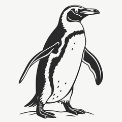 A striking black and white illustration of a magellanic penguin standing on a light gray background showcasing its distinctive markings and sleek silhouette