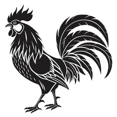 A striking black silhouette of a proud rooster with a prominent comb and flowing tail feathers stands facing left against a clean white background symbolizing strength and vigilance