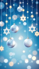 Fototapeta premium Blue background with hanging silver ornaments and stars. The scene evokes a festive atmosphere, suitable for holiday celebrations.