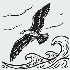 Majestic seagull soaring gracefully above stylized ocean waves under a cloudy sky in a bold black and white graphic illustration