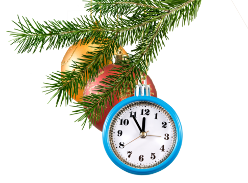 Colorful ornaments and a blue clock hang from a pine branch, marking the festive holiday season with a whimsical touch of time