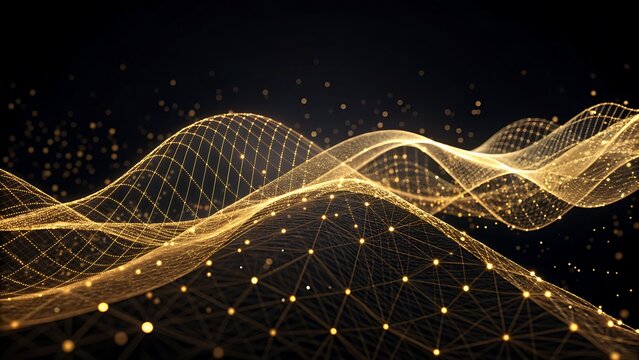 Dynamic abstract art with luminous golden lines and particles, symbolizing technological and digital interconnectedness.