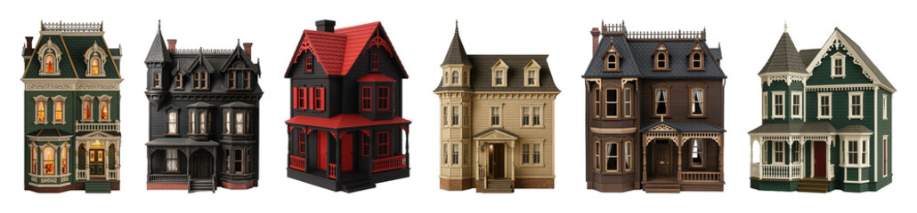 Fototapeta premium Victorian dollhouse set including green, black, red, tan, and brown architectural styles isolated. Detailed miniature models and collectibles.