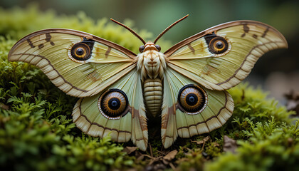 A stunningly detailed closeup of a pale green moth with large, eyelike markings on its wings, resting on vibrant green moss