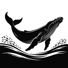 Humpback whale breaching the ocean surface in a dramatic black and white illustration