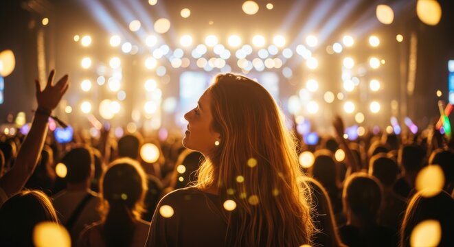 A woman enjoying a concert with bright stage lights and bokeh effects