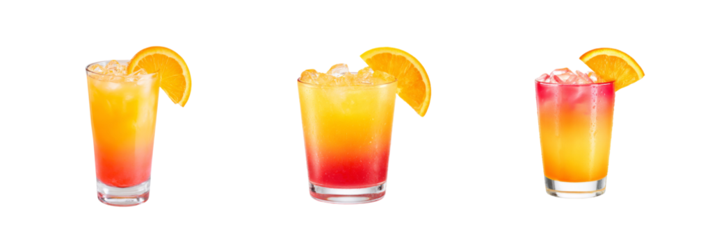 Trio of refreshing layered sunset cocktails with ice and orange garnish, perfect for summer, party, or bar promotion, PNG set, transparent background - Powered by Adobe
