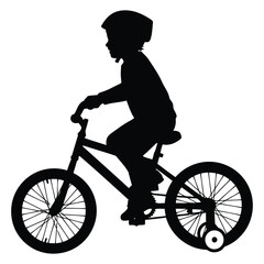 Obraz premium Vector art of silhouette of a child wearing a helmet riding a bicycle with training wheels