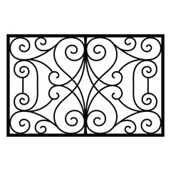 Ornate wrought iron window gate design, decorative metalwork scrolls