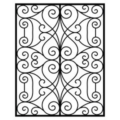 Ornate wrought iron window gate design, decorative metalwork scrolls