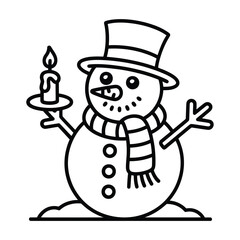 Cute snowman holding a candle wearing a hat and scarf