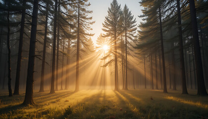 Obraz premium Sunbeams pierce through the misty forest canopy, illuminating the trees and forest floor with a warm, golden glow