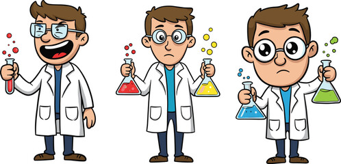 Cartoon Scientists with Colorful Flasks Showing Happy, Neutral, and Sad Expressions in Lab Coats &ndash; Science Experiment Emotion Concept Vector