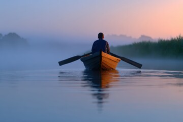 A fisherman rowing a wooden boat across a calm misty lake at dawn