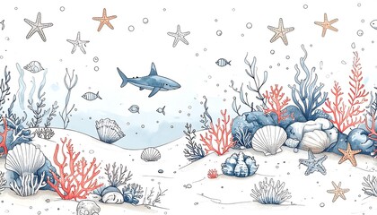 Underwater scene with coral reefs and sea creatures