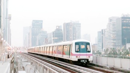 Fototapeta premium Visual journey tranquil evening commute on urban railway at golden hour