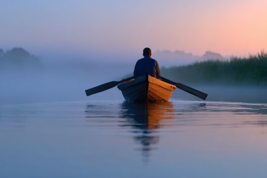 A fisherman rowing a wooden boat across a calm misty lake at dawn