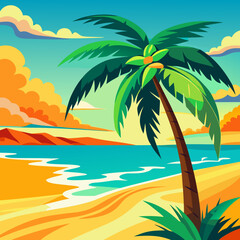 Vibrant stylized tropical beach scene with palm tree vector