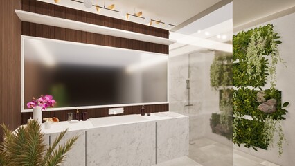 Modern bathroom with minimalist design featuring marble vanity, wooden accent wall, lush vertical garden, and sleek shower. Bright, clean space with contemporary decor, ideal for luxury home interior